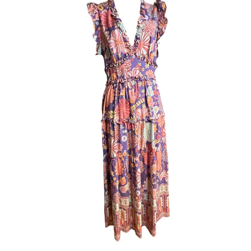 Boho Floral Tiered Midi Dress - Purple Floral - Picture 2 of 12